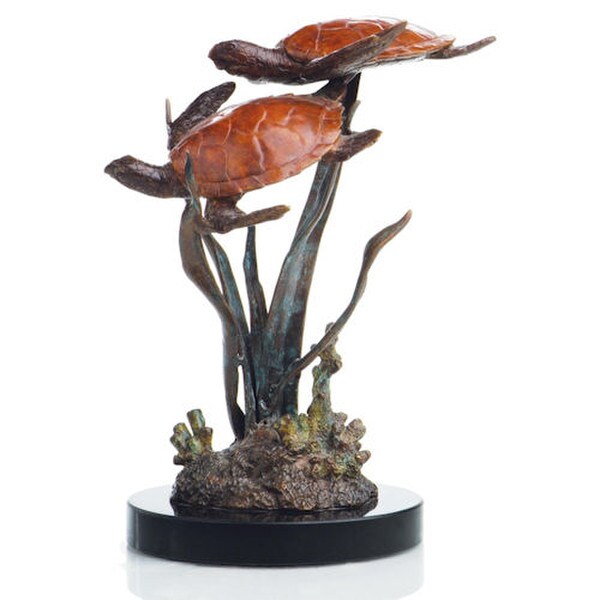 Turtles Duo Brass Statue Lagoon Encounter Swimming Coral Reef Weeds