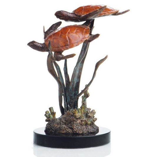 Turtles Duo Brass Statue Lagoon Encounter Swimming Coral Reef Weeds