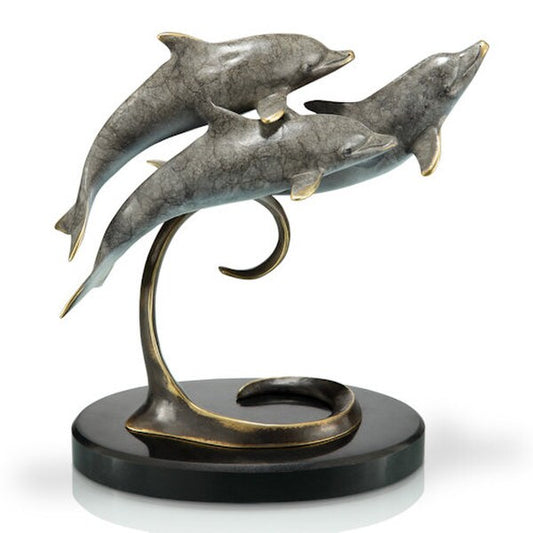 Triple Dolphins on Marble Base Brass Sculpture