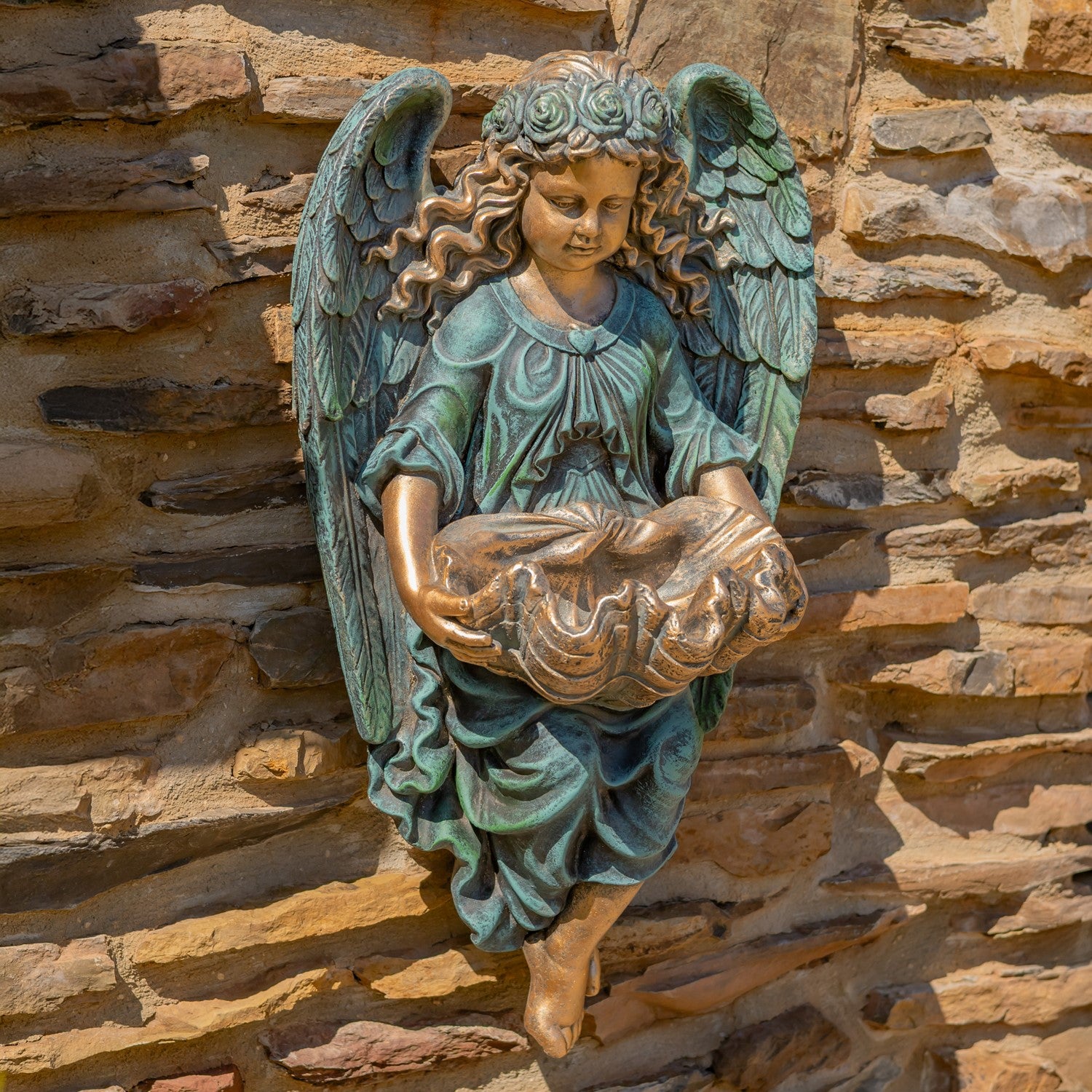 cherub shell basin wall hanging religious garden accent