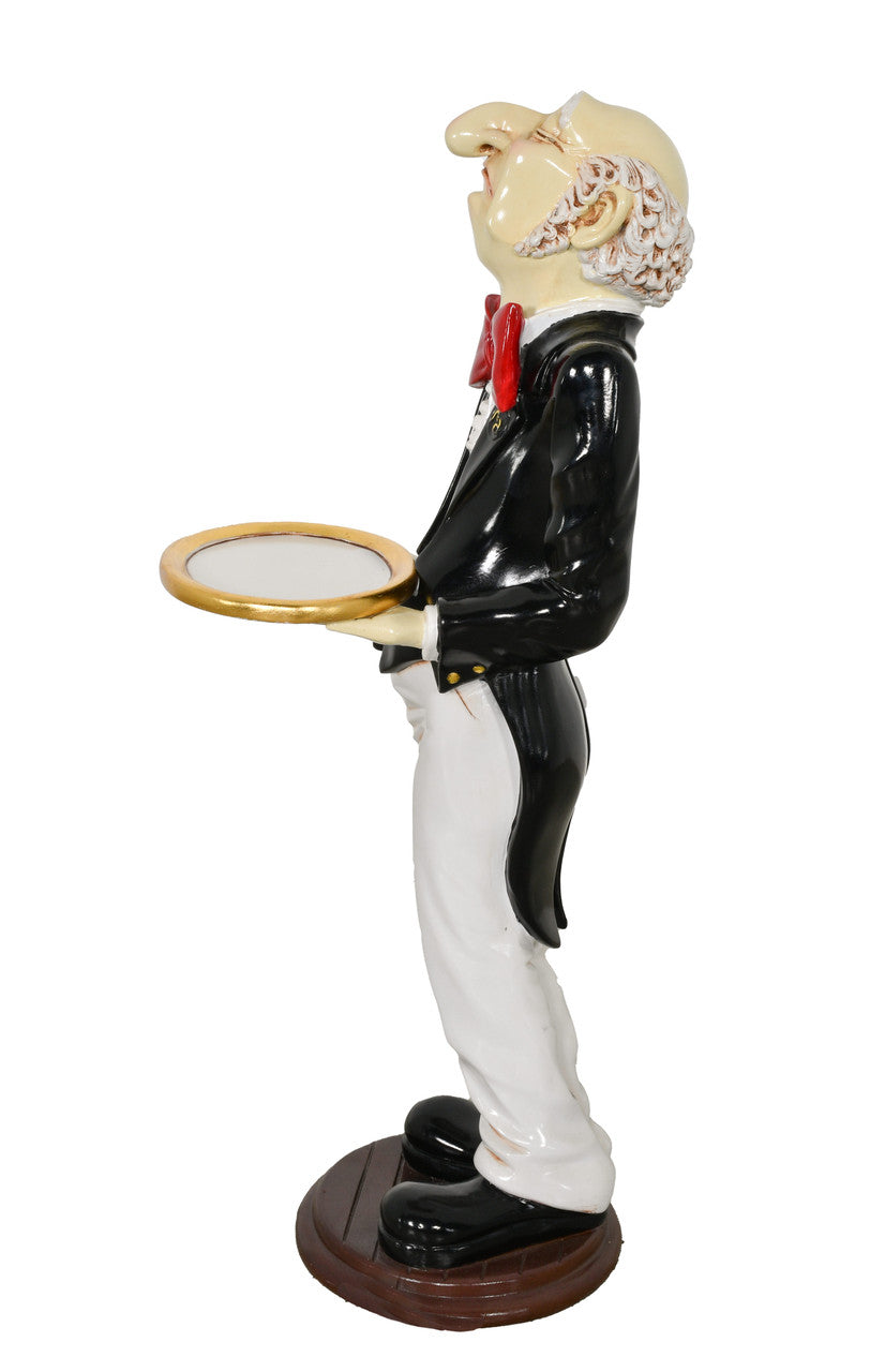 Statue of a man in formal attire holding a tray on a white background