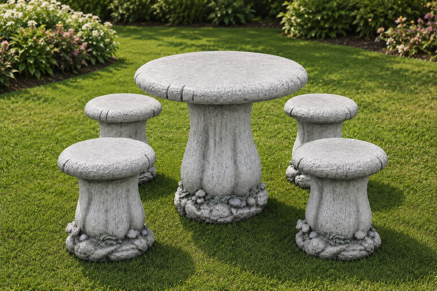 Fairy garden mushroom table with four cast stone stools