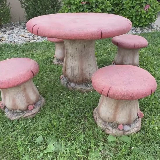 Video Cast stone mushroom garden table with four matching seats