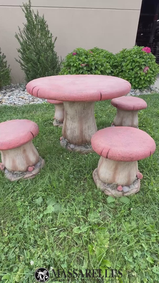 Video Cast stone mushroom garden table with four matching seats