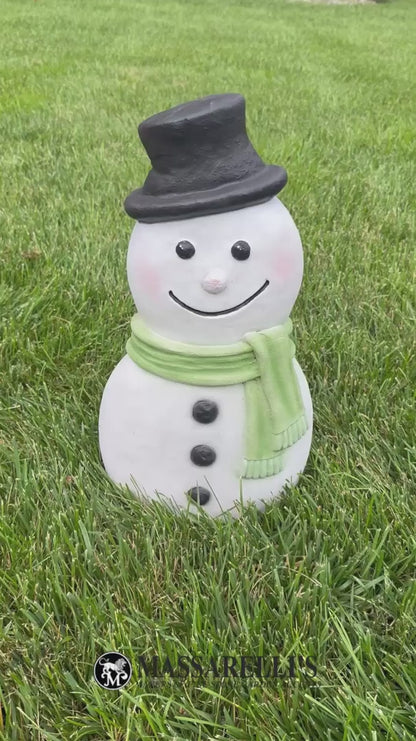 Video Handmade cast stone snowman statue detailed stain green scarf holiday decoration cement