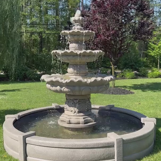 Video Estate Sized Three Tier Scallop Fountain on Eight foot Fiberglass Pool Massarelli Huge Statuary
