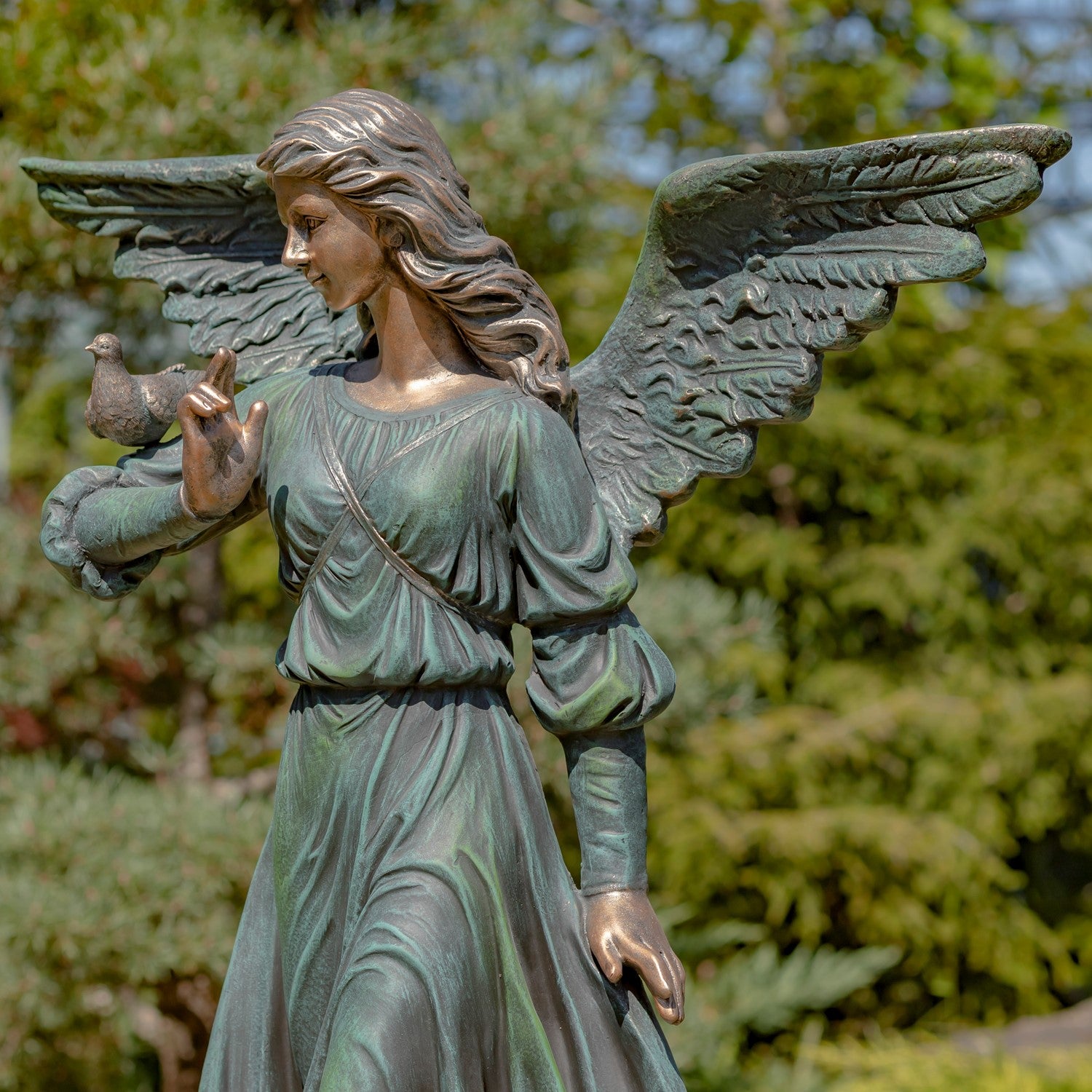serene garden angel statue classical grey finish outdoor sculpture